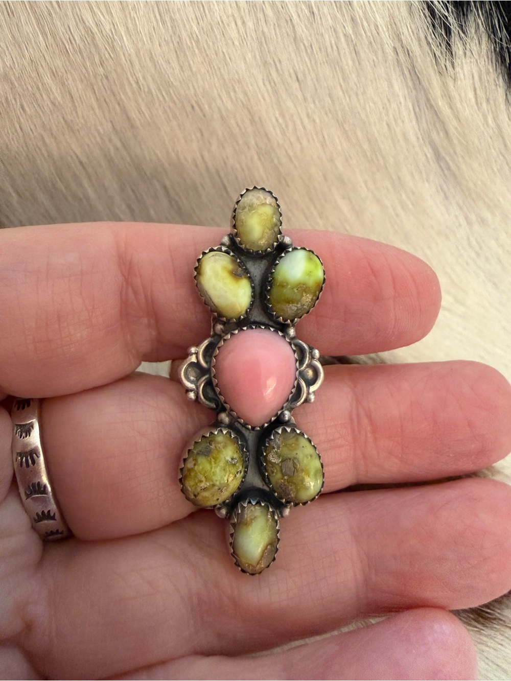 ❤️ Queen Pink Conch Palomino Variscite 925 Navajo Style Crawler Adjustable Ring - Picture 9 of 13